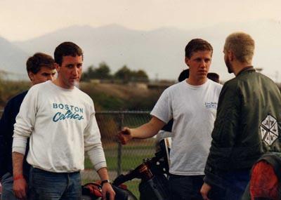 David Dubiner and friends at scooter races, Adams Raceway in Riverside, California, 1987